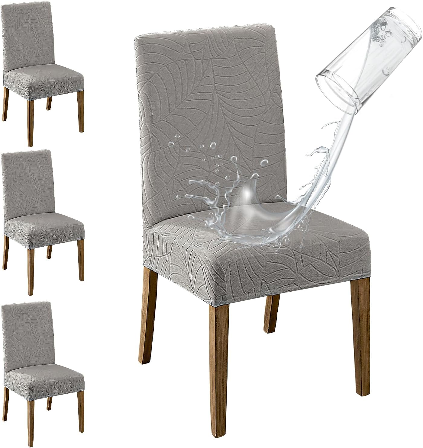 MOSAYT 100% Waterproof Dining Room Chair Covers Set of 6, Super Fit Stretch Jacquard Parson Chairs Slipcovers Removable Washable Chair Seat Protectors for Home, Kitchen, Banquet (Beige)