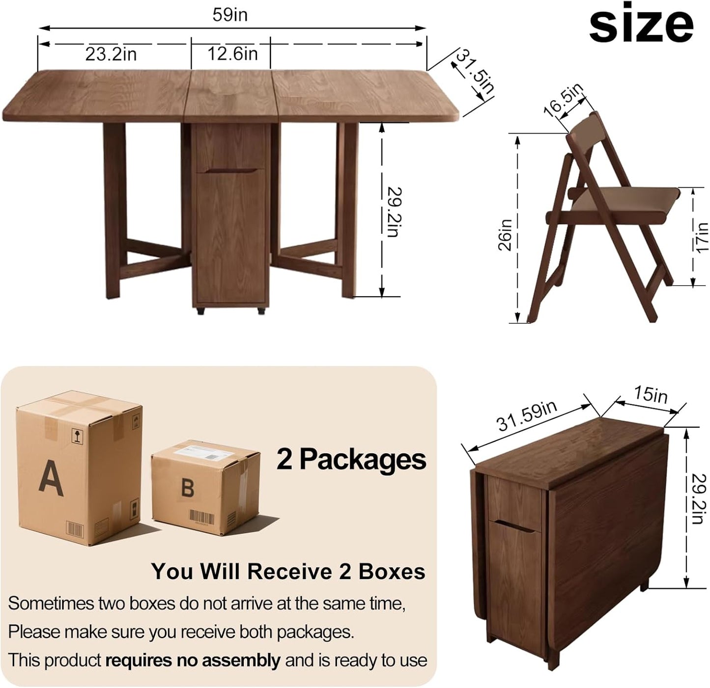 Folding Dining Table Set, Saving Space Extendable Drop Leaf Table, Movable Solid Wood Dinette Table with 4 Chairs and Wheels for Kitchen, Dining and Living Room, 1.5m, Walnut