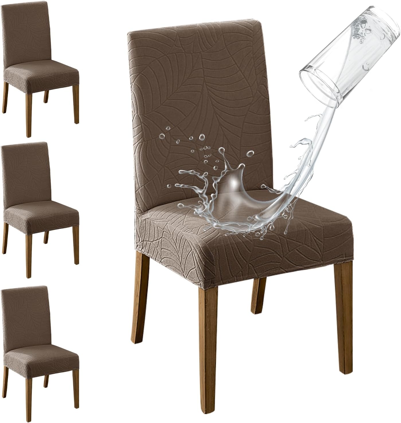 MOSAYT 100% Waterproof Dining Room Chair Covers Set of 6, Super Fit Stretch Jacquard Parson Chairs Slipcovers Removable Washable Chair Seat Protectors for Home, Kitchen, Banquet (Beige)