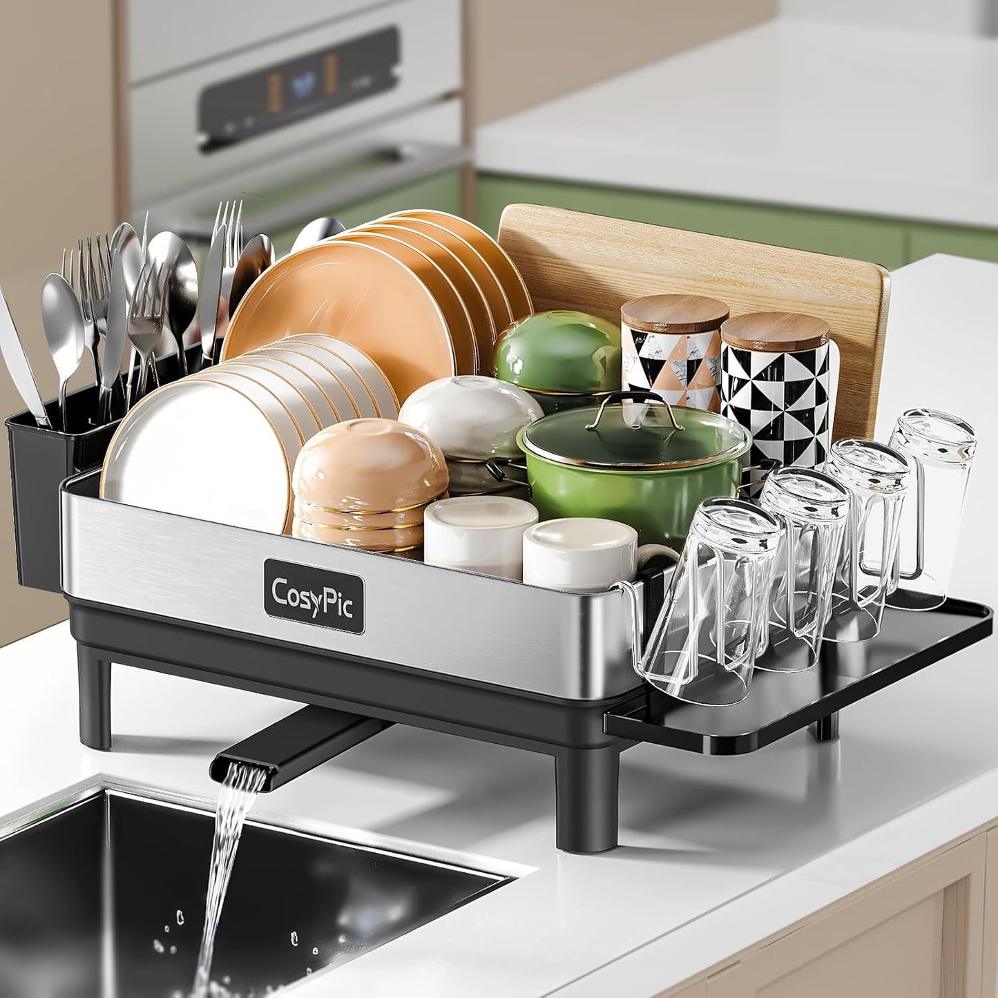 Dish Racks, Thicker Premium 304 Stainless Steel Dish Drying Rack for Kitchen Counter, Automatic Drainage Spout, Dish Drainer & Drainboard Set with Utensil Holder and Cup Holder, Black