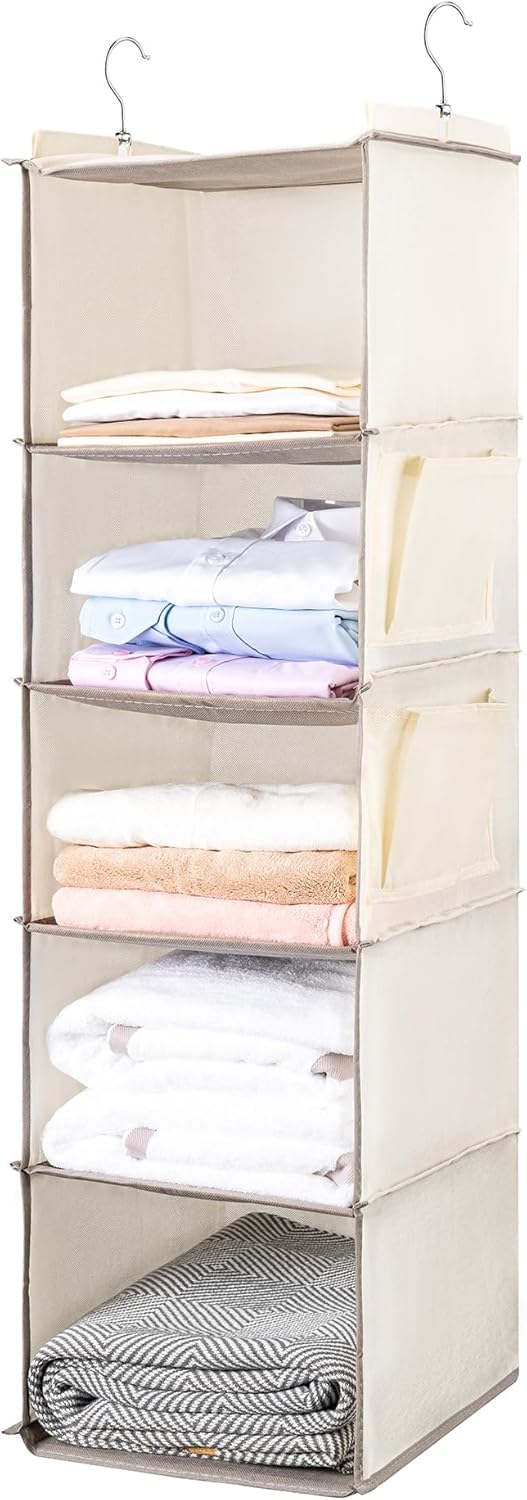 BOOMIBOO Hanging Closet Organize and Shelves，5-Hanging Shelf with 2 Side Pockets，Storage Foldable （Grey）