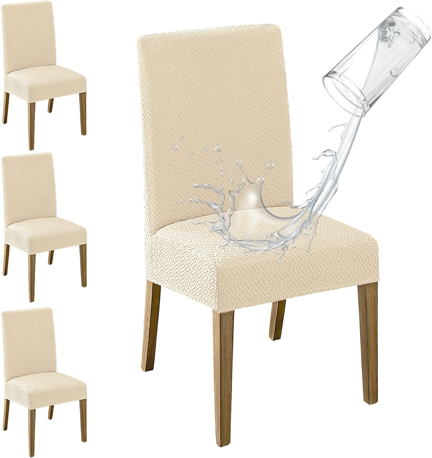 MOSAYT 100% Waterproof Dining Room Chair Covers Set of 6, Super Fit Stretch Jacquard Parson Chairs Slipcovers Removable Washable Chair Seat Protectors for Home, Kitchen, Banquet (Beige)