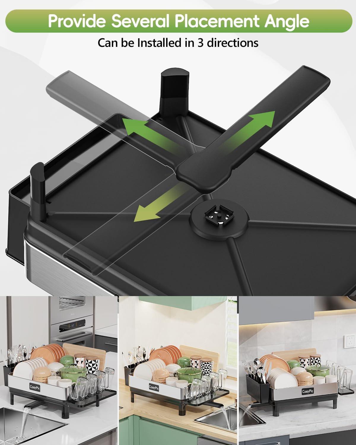 Dish Racks, Thicker Premium 304 Stainless Steel Dish Drying Rack for Kitchen Counter, Automatic Drainage Spout, Dish Drainer & Drainboard Set with Utensil Holder and Cup Holder, Black