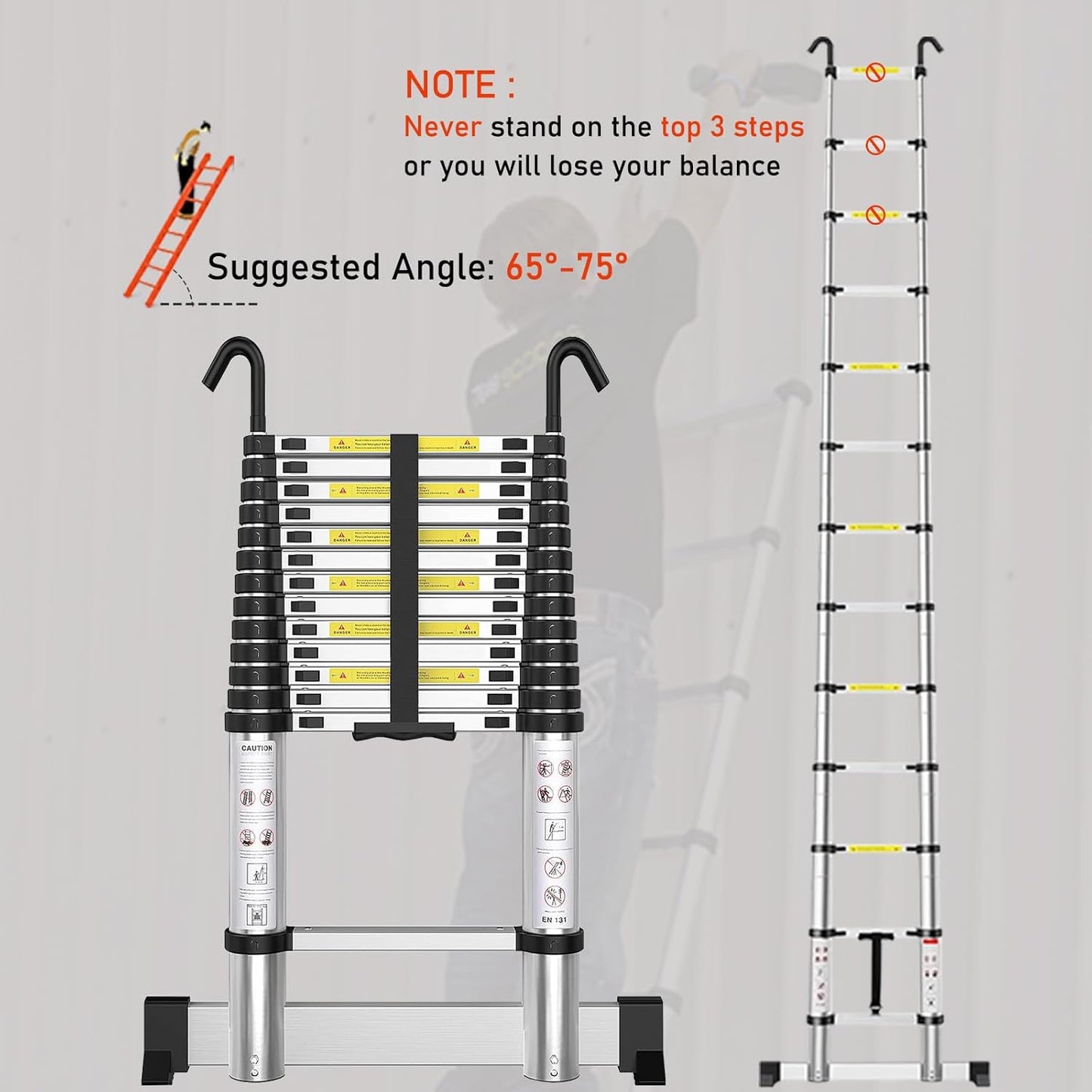 Telescoping Ladder with Hooks 8.5 FT - Aluminum Telescopic Ladder with Stabilizer - Retractable Extension Ladders for Home Loft Roof RV Work with EN131 Certification - 330lbs Max Capacity