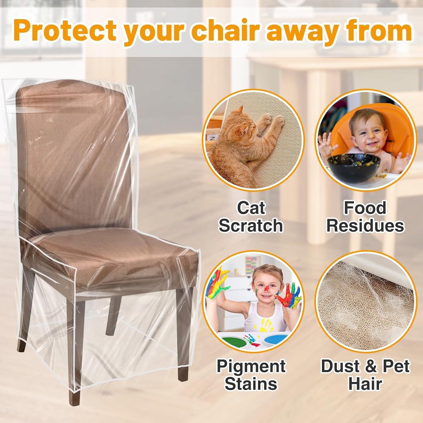 PAMASE 4 Pack Plastic Dining Chair Protectors with Backrests - Waterproof Thickened PVC Seat Covers Removable Washable Slipcover Keeping Chair Away from Water Dust Pet Hair Paws Claws