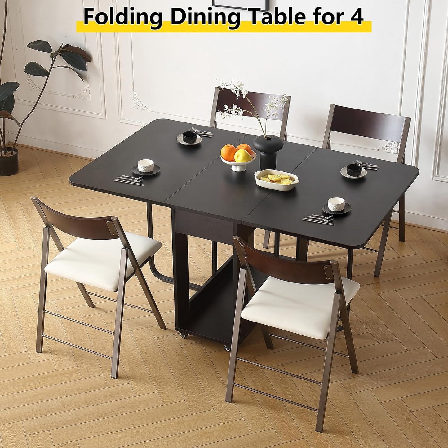 Folding Dining Room Table for 4/6 with 35.4" Extra Wide Space Saving Drop Leaf Table with Lockable Wheels & Storage, Heavy Duty Eco Solid Wood Top 300lb, Convertible Desk for Apartments/RV/Home Office