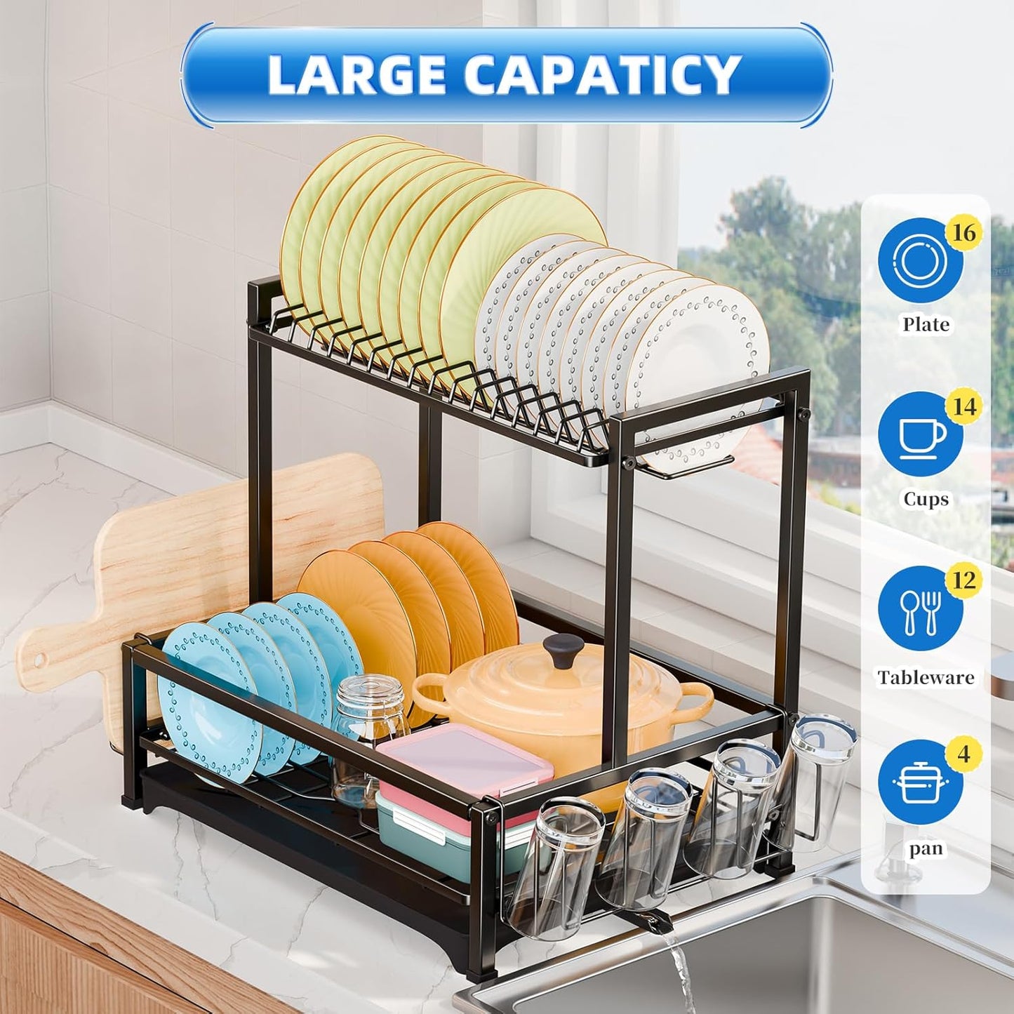 Simple Trending Kitchen Dish Drying Rack, 2-Tier Dish Rack with Drainboard, Stainless Steel Dish Drainer Organizer, Black