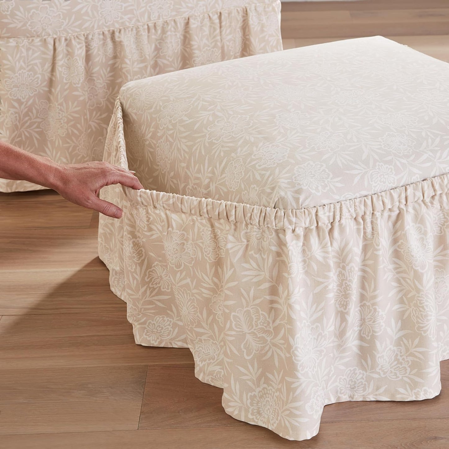 SureFit Essential Twill Ruffled Long Dining Chair Slipcover, Dining Chair Cover with Cotton Solid Design, Long Ruffled Skirt and Corner Pleats, Machine Washable, White