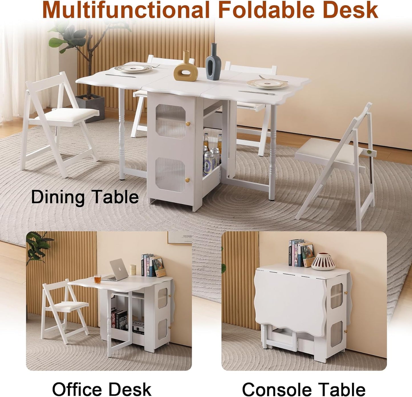 Drop Leaf Tables for Small Spaces,54.3'' x 30.7'' Space Saving Folding Dining Table 4 Wheels with 1 Drawer and 1 Shelf, White Extendable Dining Room Table, Expandable Table for Kitchen