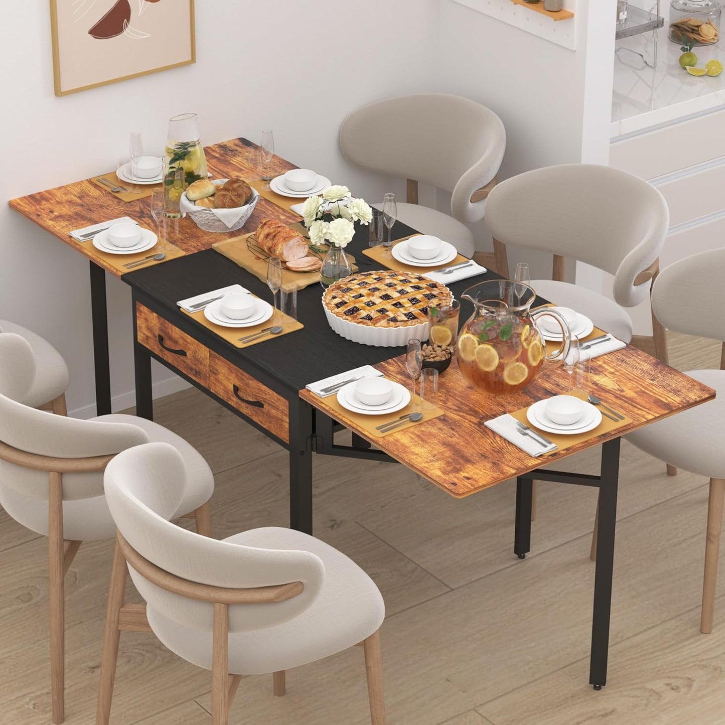 Folding Dining Table,Dining Room Table with Drawers,Industrial Extendable Table for 6-8 People,for Dining Room,Living Room,Restaurant,Saving Space