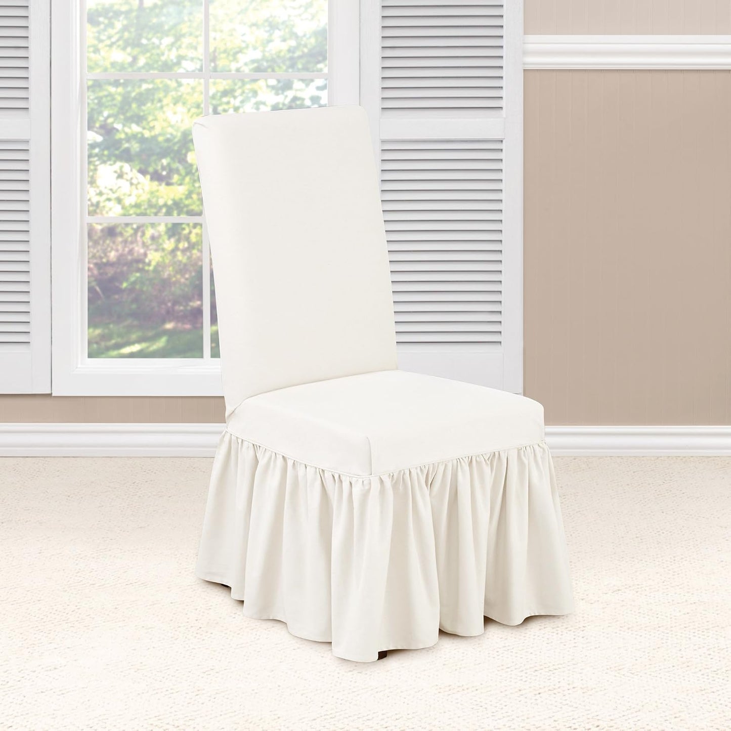 SureFit Essential Twill Ruffled Long Dining Chair Slipcover, Dining Chair Cover with Cotton Solid Design, Long Ruffled Skirt and Corner Pleats, Machine Washable, White