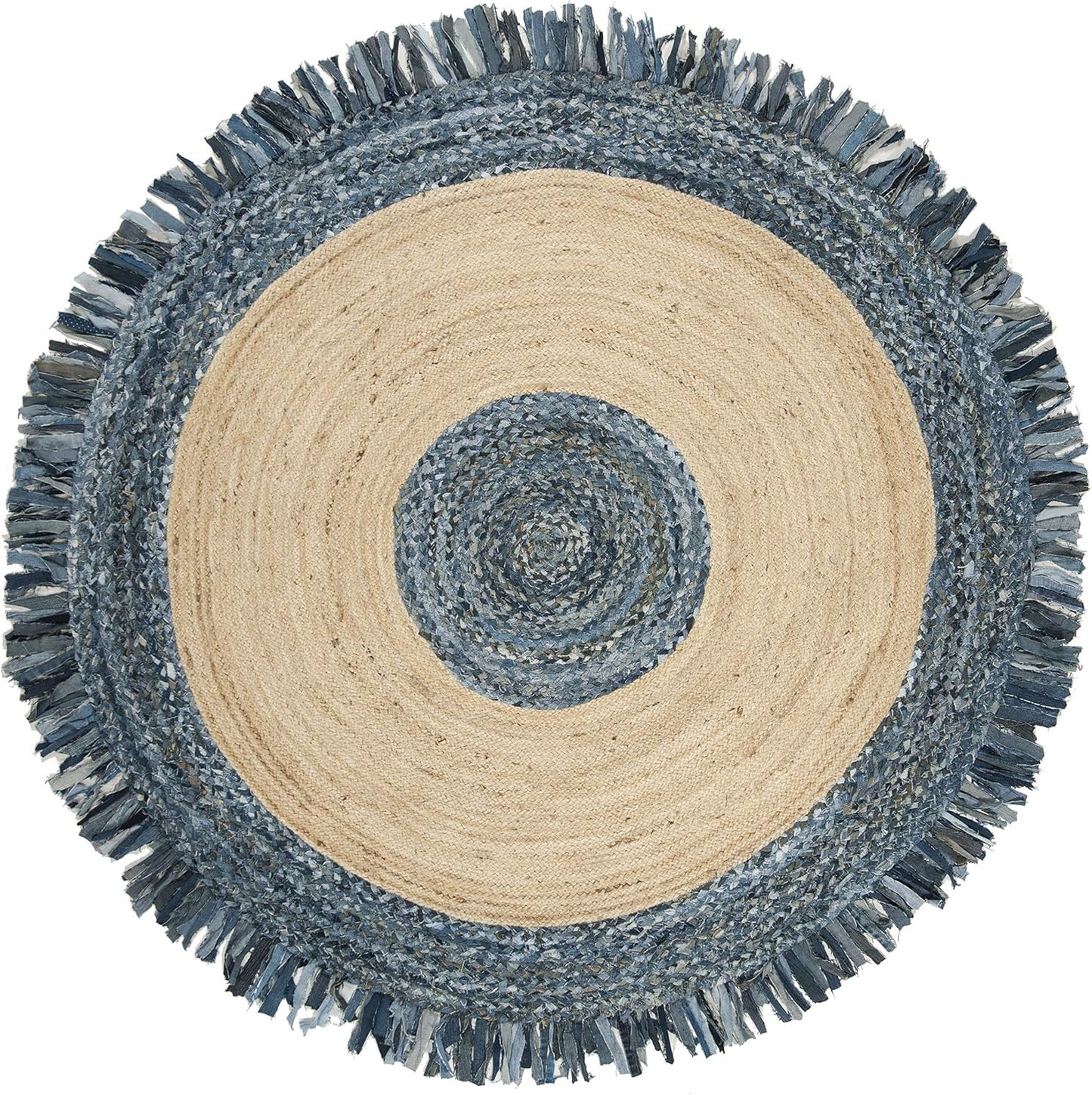 SAFAVIEH Cape Cod Collection Area Rug - 8' Round, Ivory & Denim, Handmade Boho Fringe Jute & Cotton, Ideal for High Traffic Areas in Living Room, Bedroom (CAP205D)