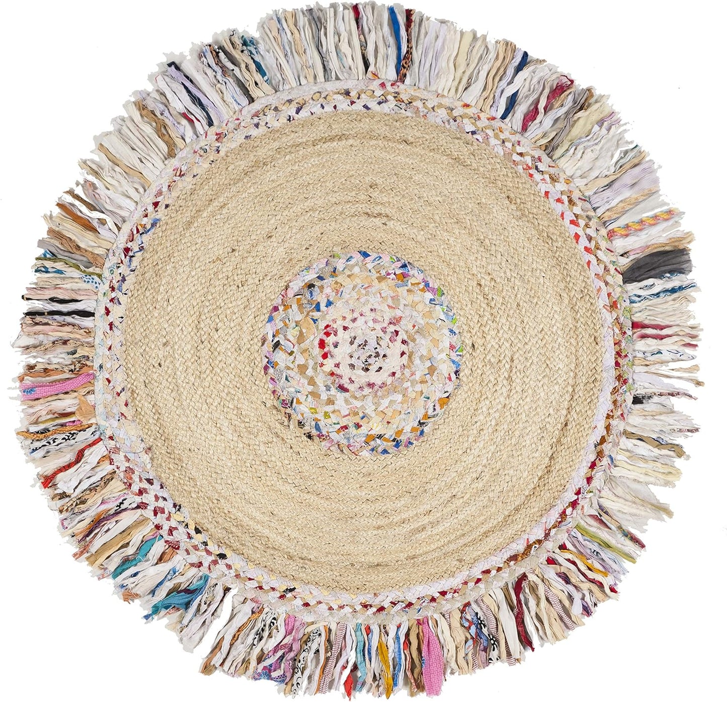 SAFAVIEH Cape Cod Collection Area Rug - 8' Round, Ivory & Denim, Handmade Boho Fringe Jute & Cotton, Ideal for High Traffic Areas in Living Room, Bedroom (CAP205D)